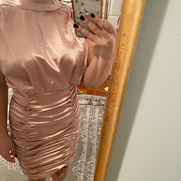 Ruched pink satin dress